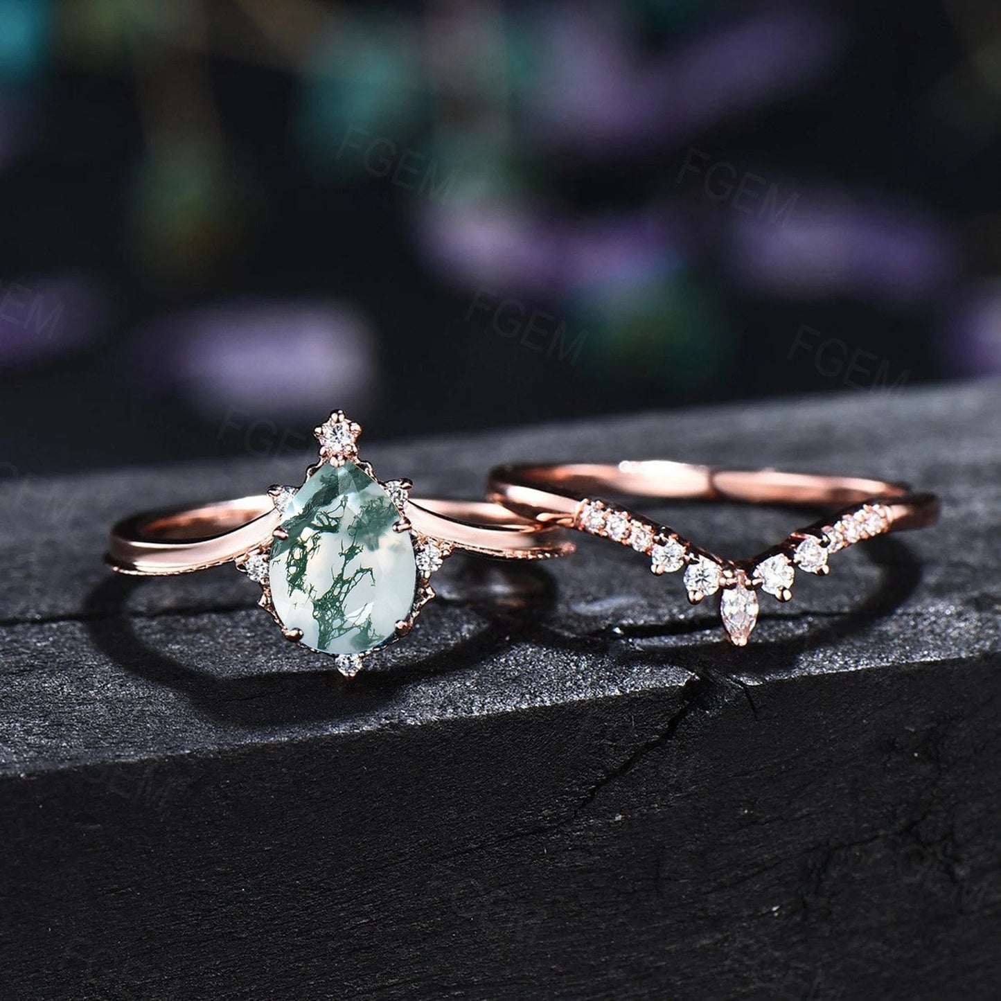Pear Shaped Moss Agate Engagement Ring Set Sterling Silver Curve Wedding Band Rose Gold Moss Agate Bridal Set For Women Unique Proposal Gift