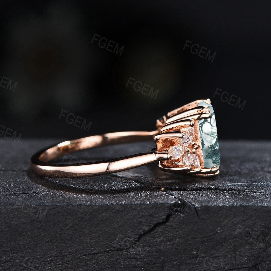 2ct Emerald Cut Moss Agate Ring Vintage Natural Green Moss Agate Handmade Wedding Ring Marquise Moissanite Cluster Promise Statement Ring