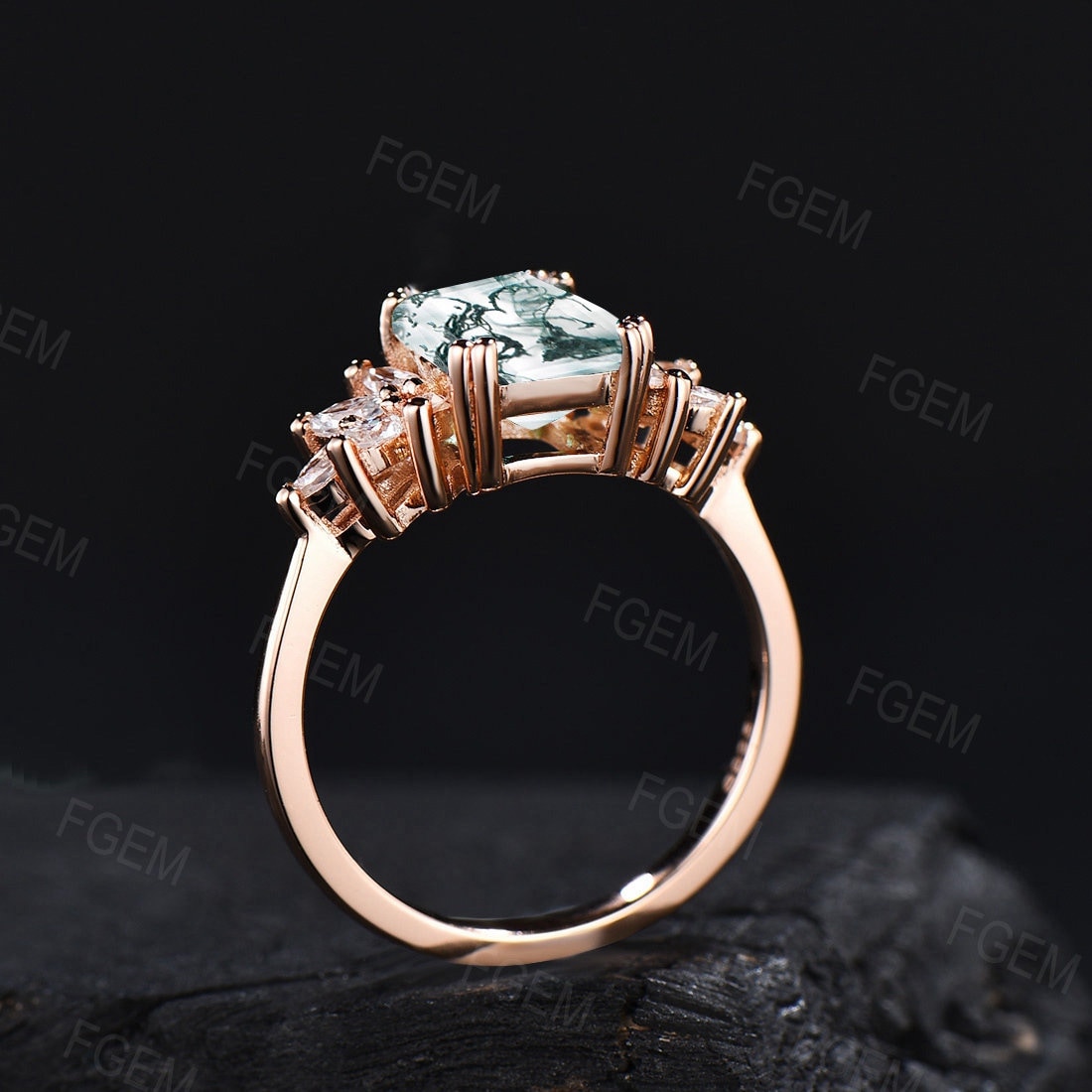 2ct Emerald Cut Moss Agate Ring Vintage Natural Green Moss Agate Handmade Wedding Ring Marquise Moissanite Cluster Promise Statement Ring