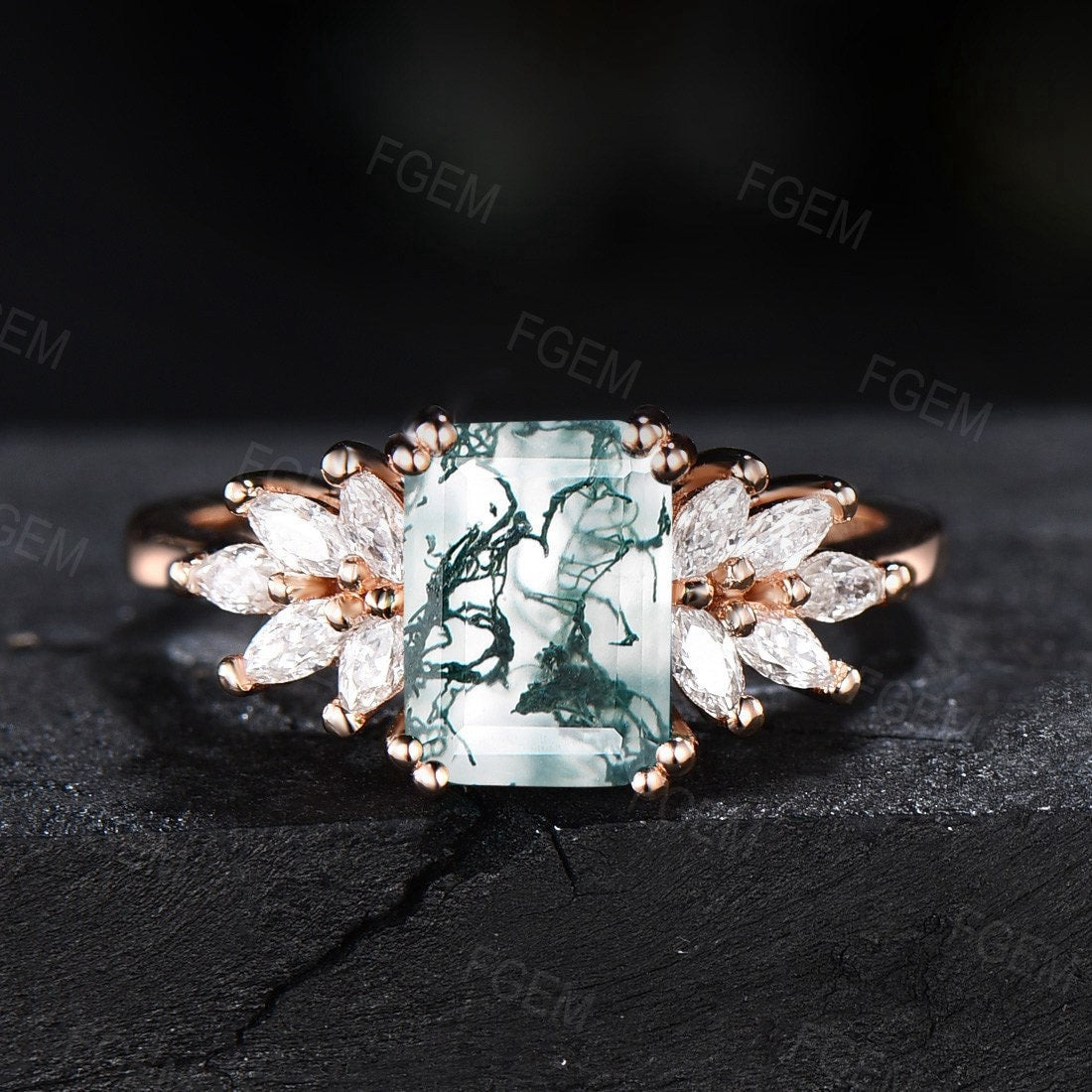 2ct Emerald Cut Moss Agate Ring Vintage Natural Green Moss Agate Handmade Wedding Ring Marquise Moissanite Cluster Promise Statement Ring