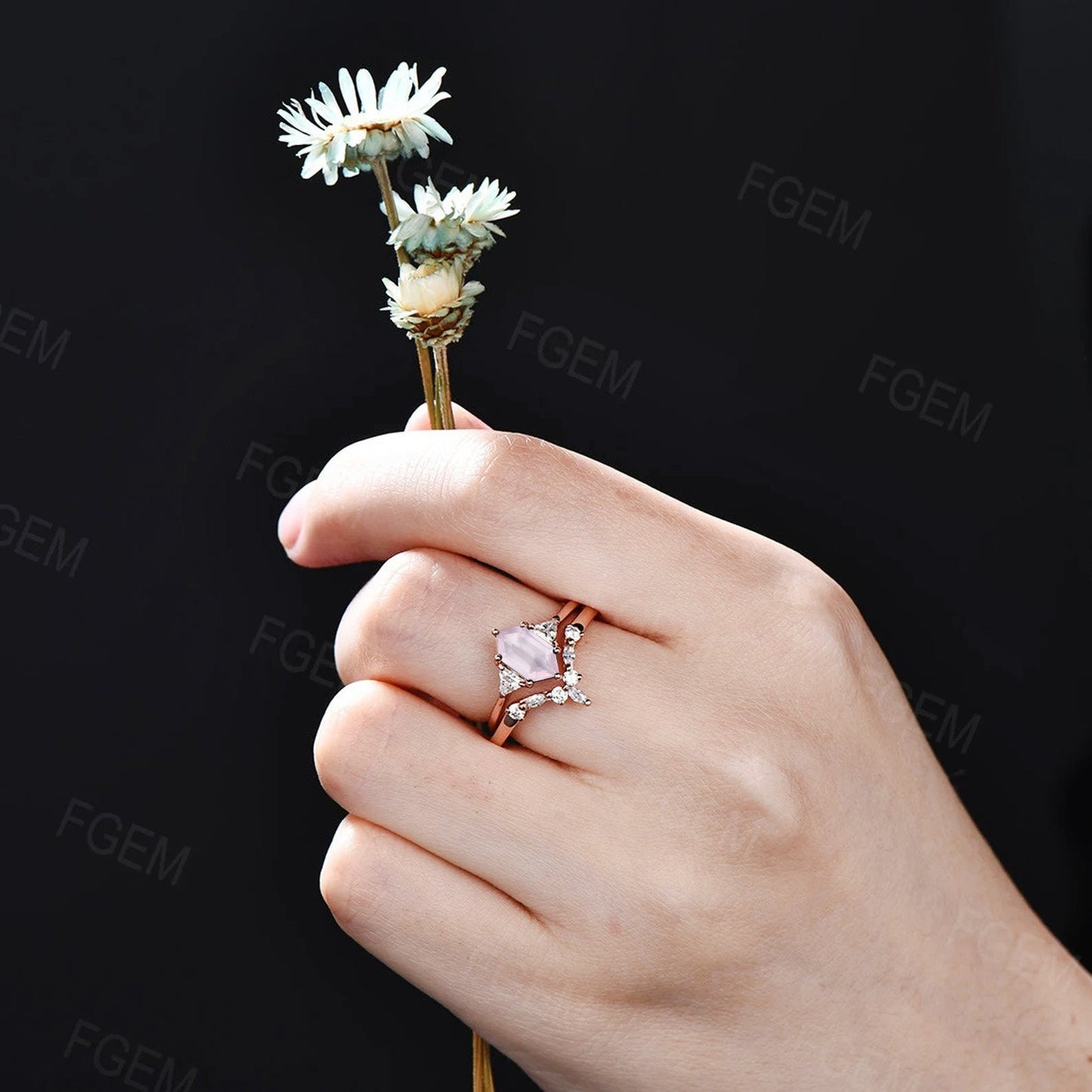 Natural Rose Quartz Ring Hexagon Engagement Ring Set Moissanite Wedding Bridal Set Pink Crystal Ring Valentine's Day Jewelry Gift for Couple
