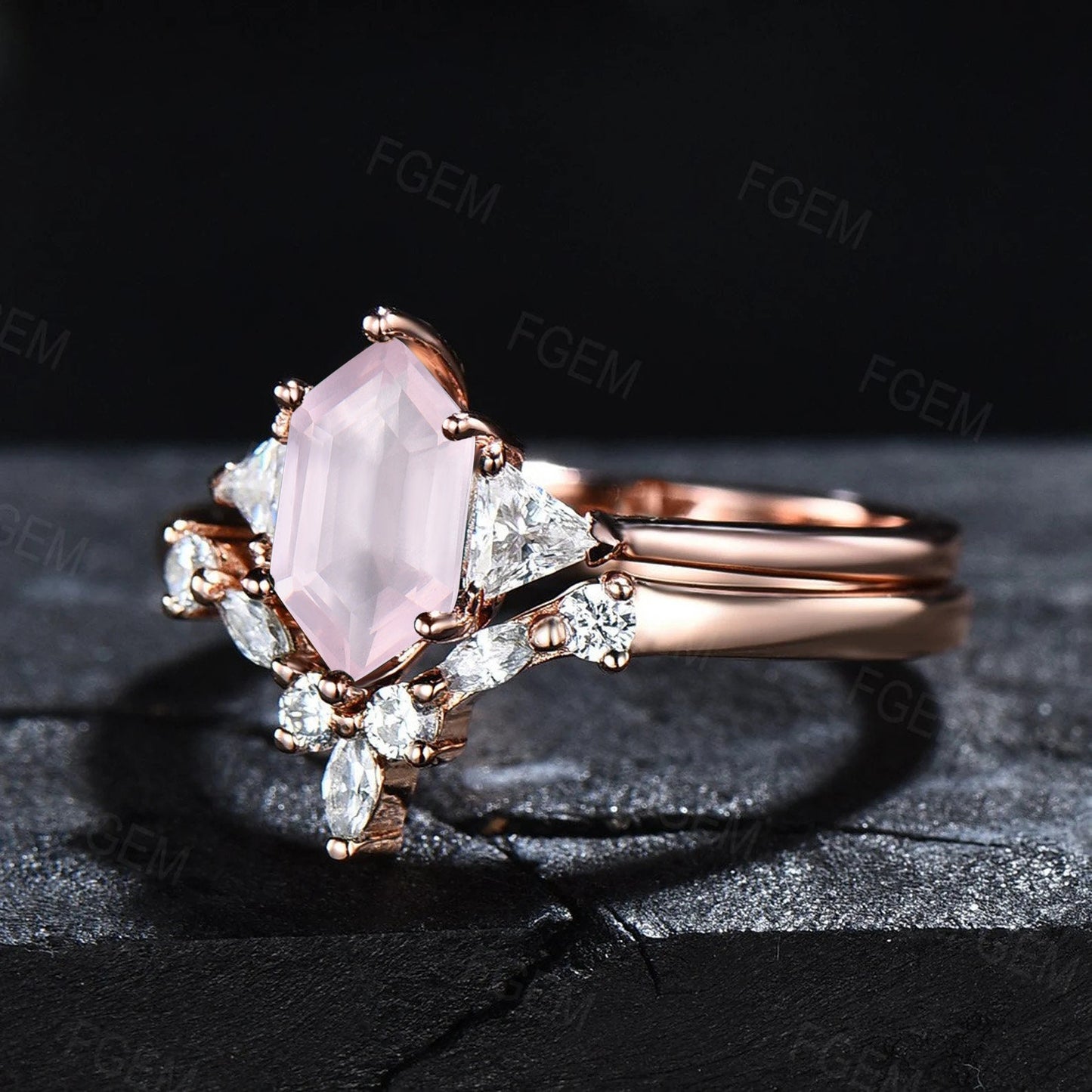 Natural Rose Quartz Ring Hexagon Engagement Ring Set Moissanite Wedding Bridal Set Pink Crystal Ring Valentine's Day Jewelry Gift for Couple