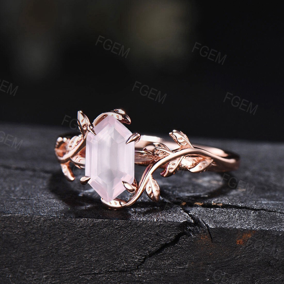 Natural Rose Quartz Ring Leaf Engagement Rings Unique Solitaire Ring Long Hexagon Wedding Ring Pink Crystal Gemstone Jewelry Gift for Couple