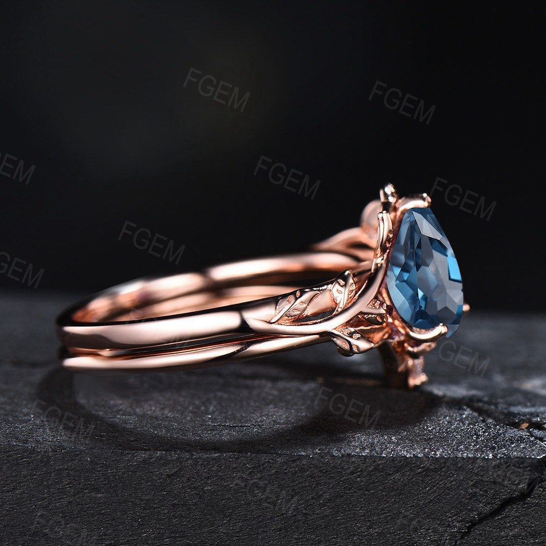 Natural London Blue Topaz Bridal Set December Birthstone Wedding Set Leaf Engagement Ring Unique Pear Solitaire Ring Nature Inspired Jewelry