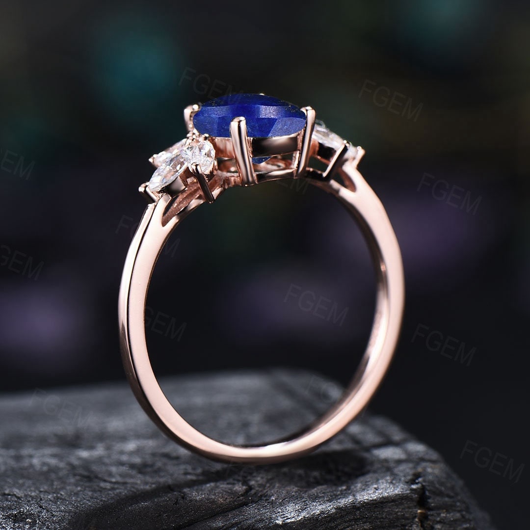 Sterling Silver Oval Cut Natural Lapis Lazuli Crystal Ring For Women Vintage Real Lazuli Jewelry Antique Blue Gemstone Ring Anniversary Gift
