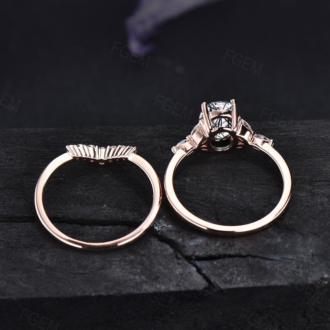 Oval Cut Natural Black Rutilated Quartz Crystal Engagement Rings Set Vintage Sterling Silver Clear Quartz Wedding Bridal Set Unique Gifts