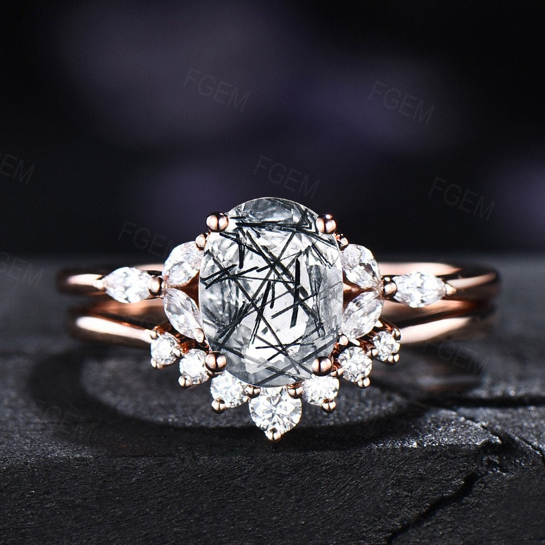 Oval Cut Natural Black Rutilated Quartz Crystal Engagement Rings Set Vintage Sterling Silver Clear Quartz Wedding Bridal Set Unique Gifts