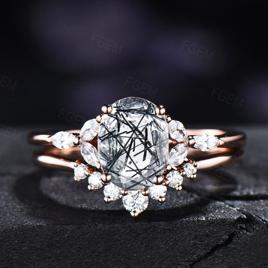 Oval Cut Natural Black Rutilated Quartz Crystal Engagement Rings Set Vintage Sterling Silver Clear Quartz Wedding Bridal Set Unique Gifts