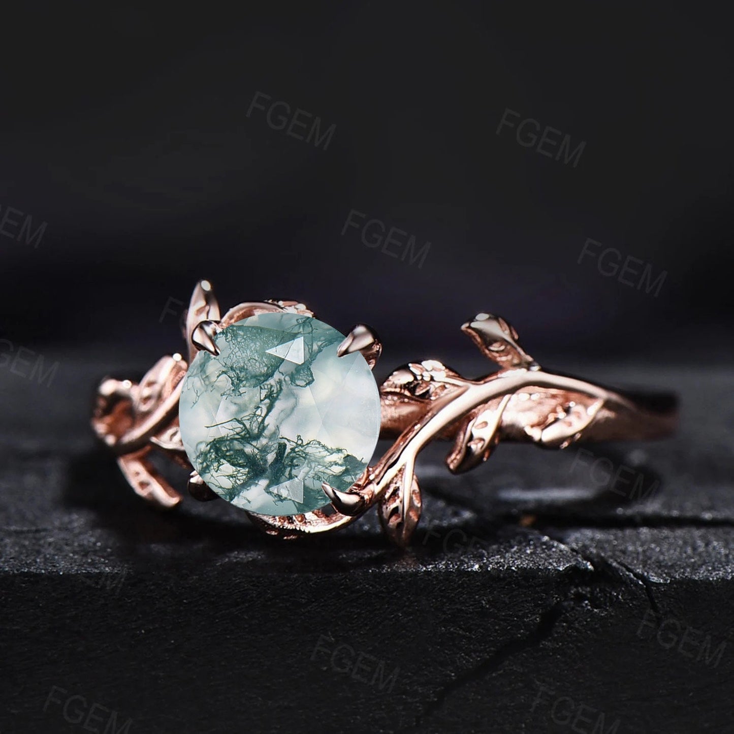 Round Cut Natural Green Moss Agate Engagement Ring Women Sterling Silver Moss Agate Leaf Solitaire Ring Alternative Gemstone Gift for Her