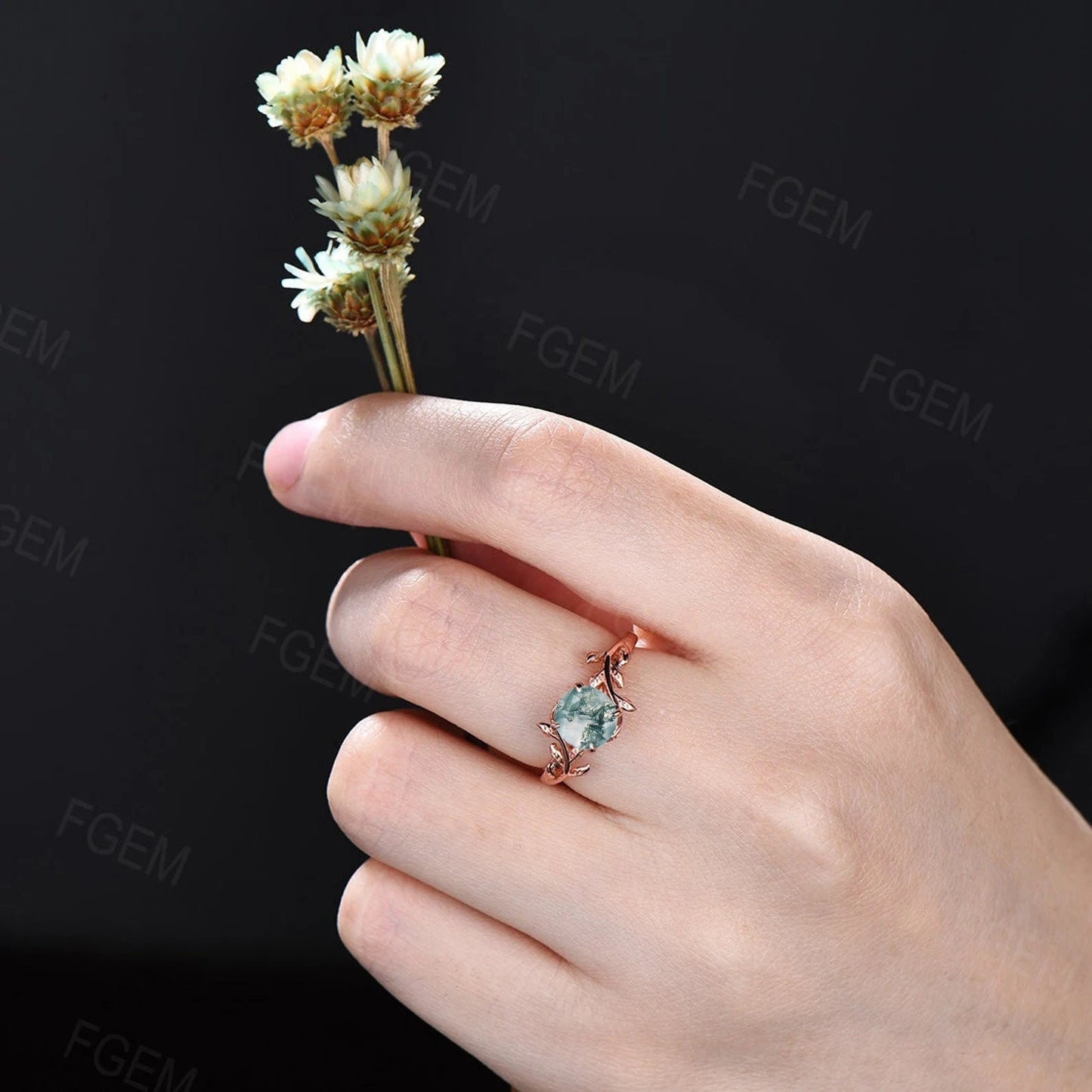 Round Cut Natural Green Moss Agate Engagement Ring Women Sterling Silver Moss Agate Leaf Solitaire Ring Alternative Gemstone Gift for Her