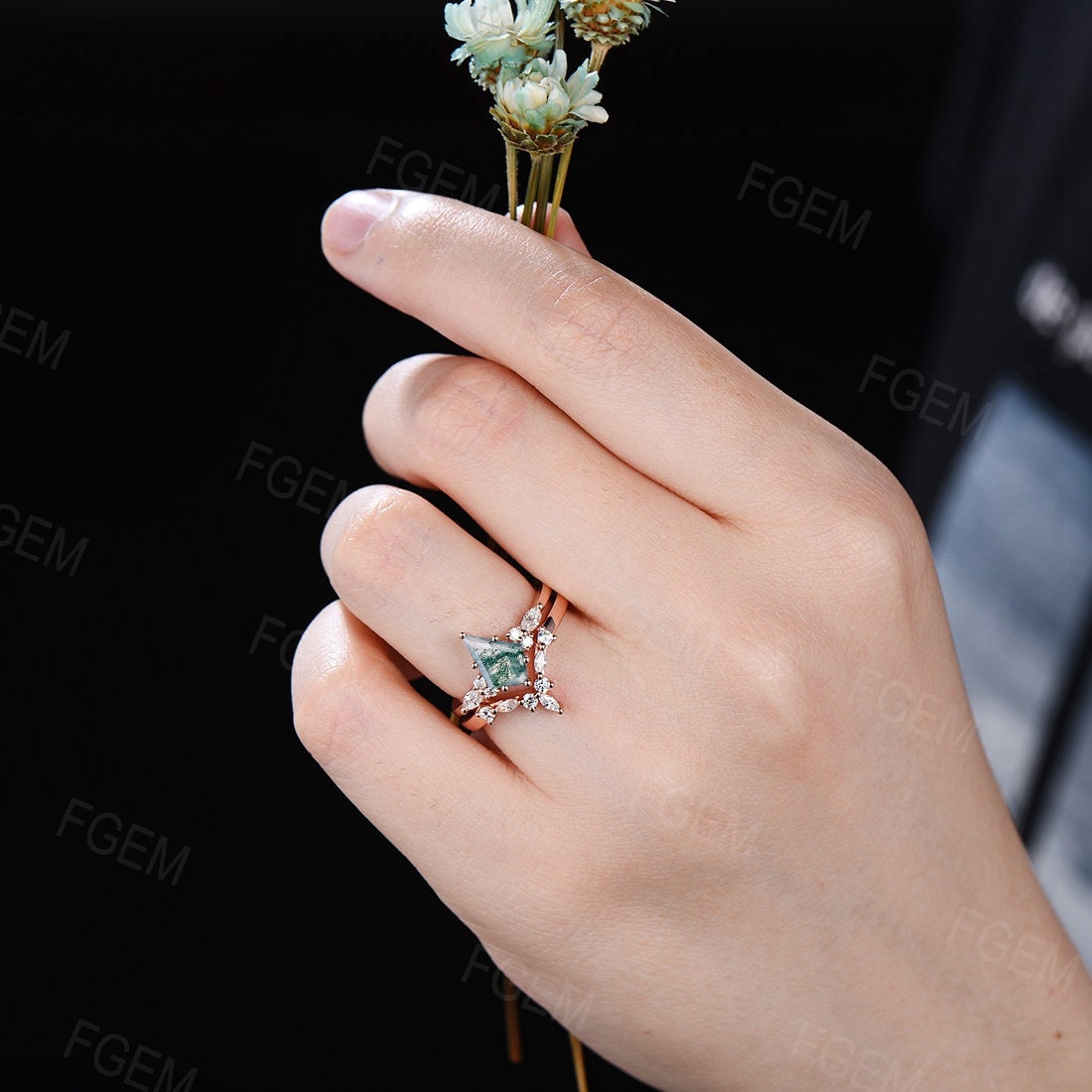 Natural Moss Agate Ring Kite Cut Moss Agate Wedding Ring Set Marquise Moissanite Wedding Band Green Gems Crystal Jewelry Anniversary Gifts