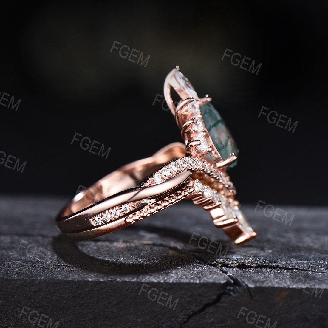 Natural Moss Agate Ring Set Vintage Pear Shaped Engagement Ring Set Marquise Moissanite Moss Wedding Bridal Promise Ring Anniversary Gifts