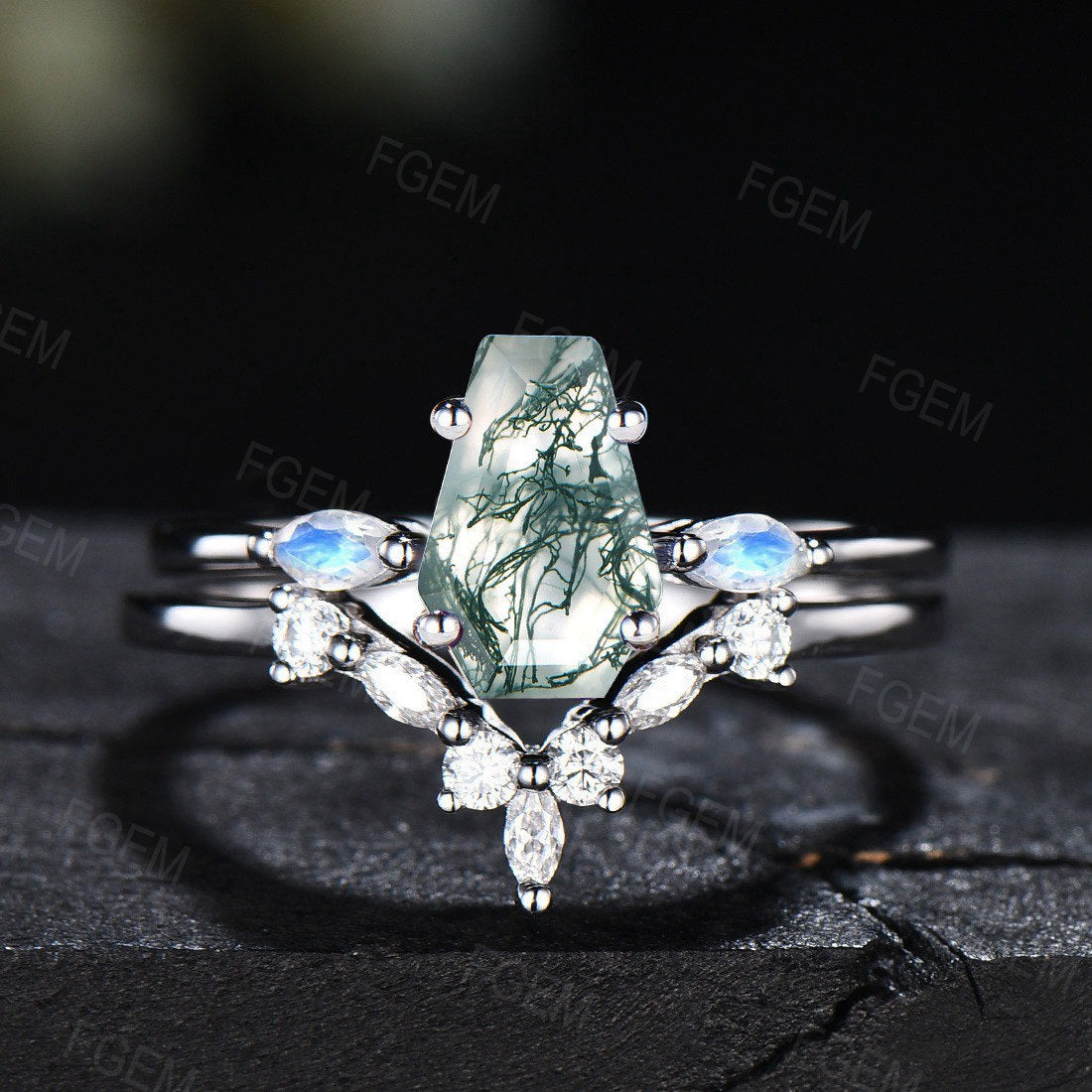 Unique Coffin Natural Moss Agate Ring Set Vintage Coffin Shape Engagement Ring Long Hexagon Moss Agate Ring Moonstone Moissanite Bridal Set