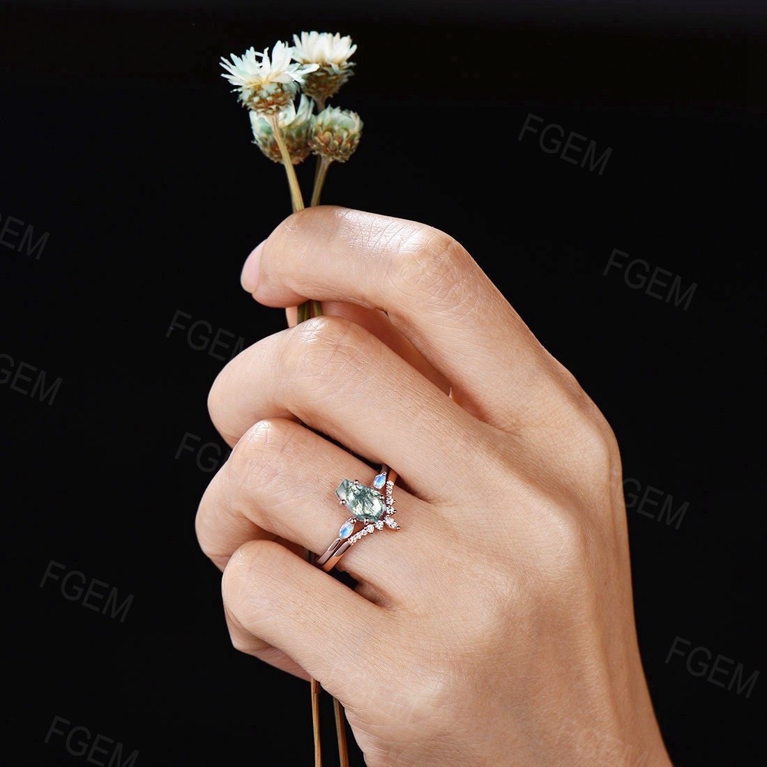 Long Hexagon Natural Moss Agate Engagement Ring Set Coffin Shaped Ring Rose Gold Marquise Cut Moonstone Ring Moissanite Wedding Ring Set