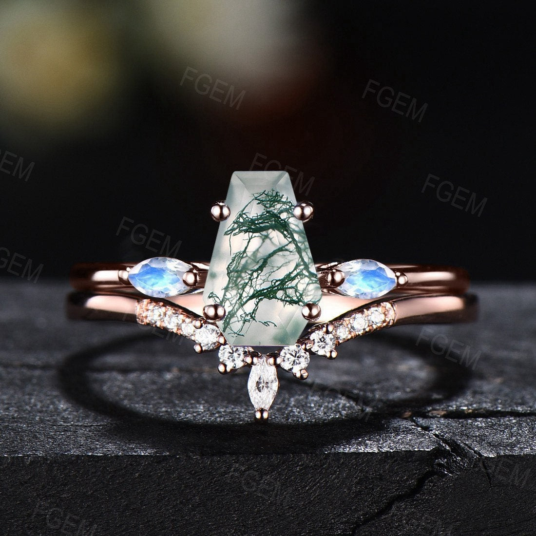 Long Hexagon Natural Moss Agate Engagement Ring Set Coffin Shaped Ring Rose Gold Marquise Cut Moonstone Ring Moissanite Wedding Ring Set