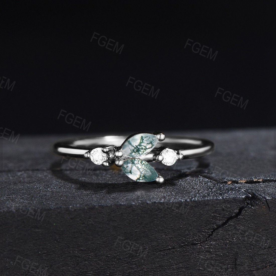 Marquise Cut Natural Green Moss Agate Wedding Band Diamond Moissanite Ring Mermaid Tail Shaped Ring Minimalist Jewelry Unique Gift for Her