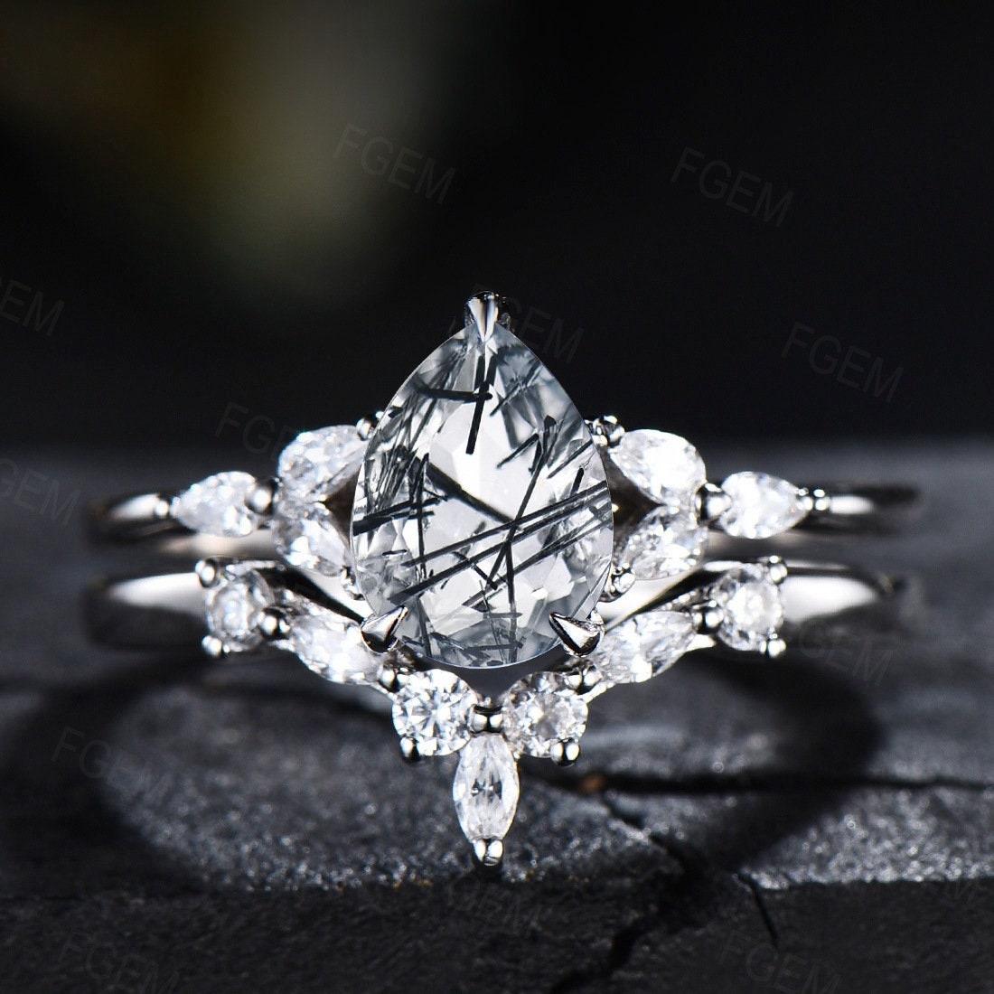 Sterling Silver Natural Black Rutilated Quartz Ring Set Pear Shaped Black Rutile Crystal Engagement Ring Anniversary Wedding Ring For Women
