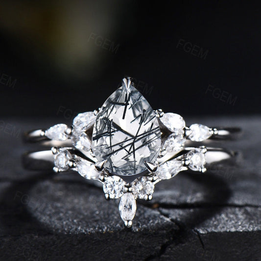 Sterling Silver Natural Black Rutilated Quartz Ring Set Pear Shaped Black Rutile Crystal Engagement Ring Anniversary Wedding Ring For Women