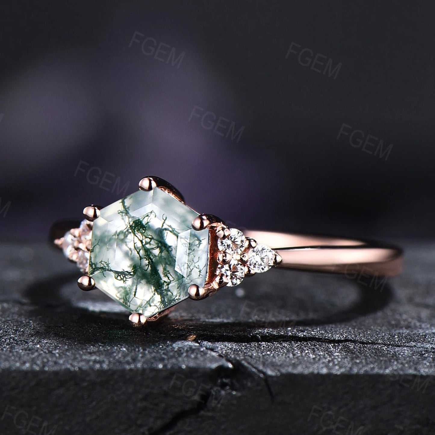 Hexagon Cut Natural Moss Agate Engagement Ring Vintage Aquatic Agate Ring Anniversary Gift Green Gemstone Ring Healing Crystal Jewelry