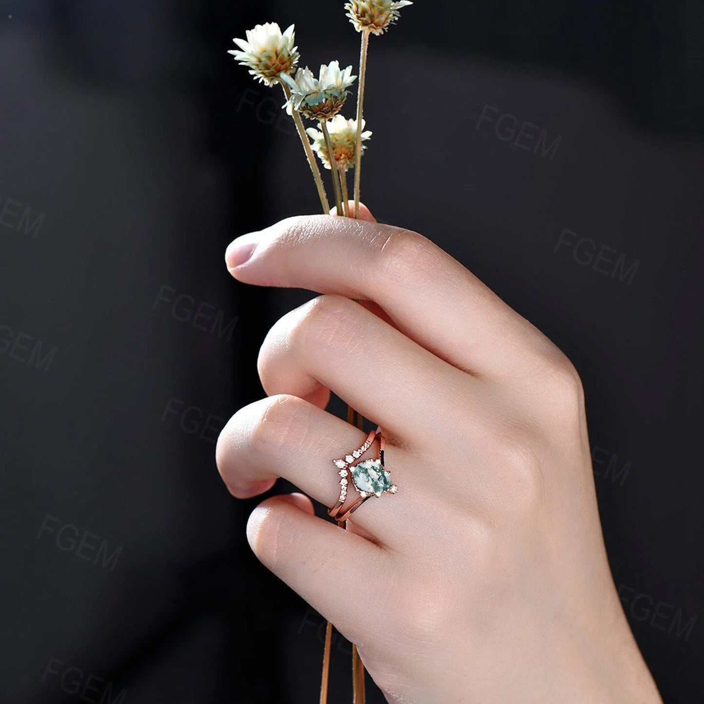 Pear Shaped Moss Agate Engagement Ring Set Sterling Silver Curve Wedding Band Rose Gold Moss Agate Bridal Set For Women Unique Proposal Gift