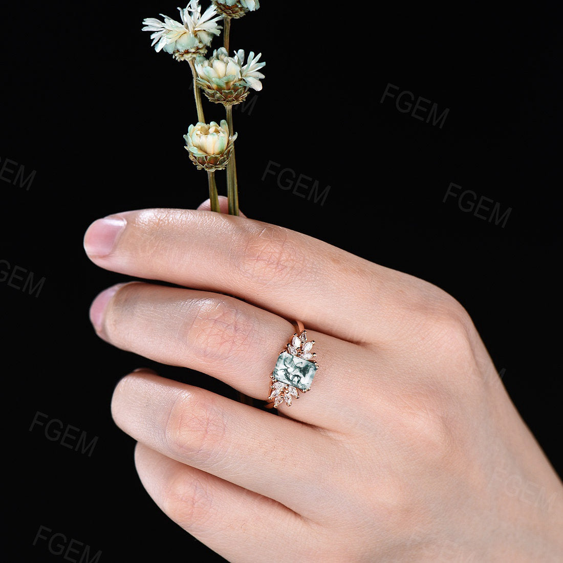 2ct Emerald Cut Moss Agate Ring Vintage Natural Green Moss Agate Handmade Wedding Ring Marquise Moissanite Cluster Promise Statement Ring