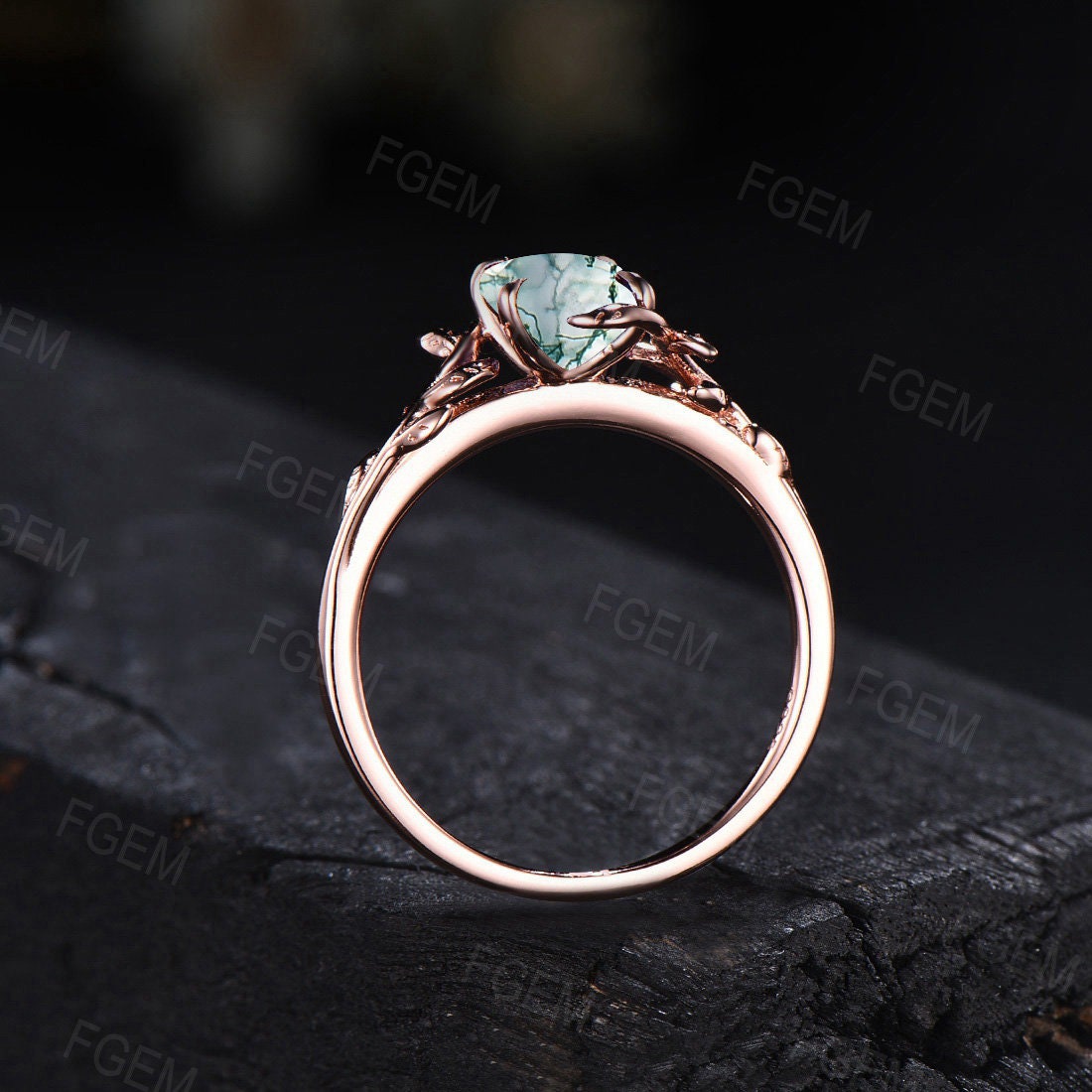 Hexagon Natural Moss Agate Ring Vintage Leaf Engagement Ring Inspired Leaf Solitaire Ring Green Gemstone Ring Unique Promise Ring for Women