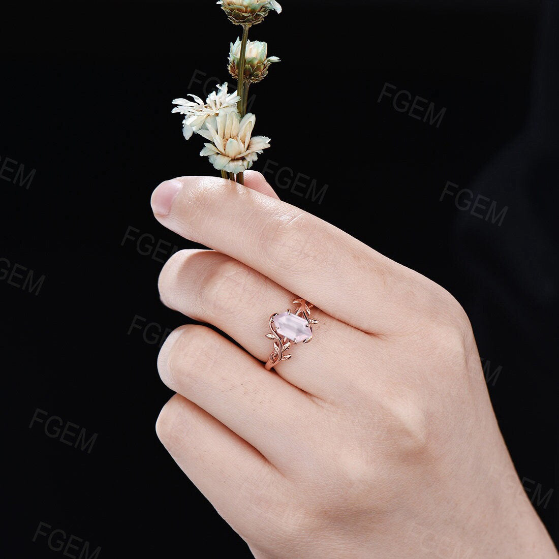 Natural Rose Quartz Ring Leaf Engagement Rings Unique Solitaire Ring Long Hexagon Wedding Ring Pink Crystal Gemstone Jewelry Gift for Couple