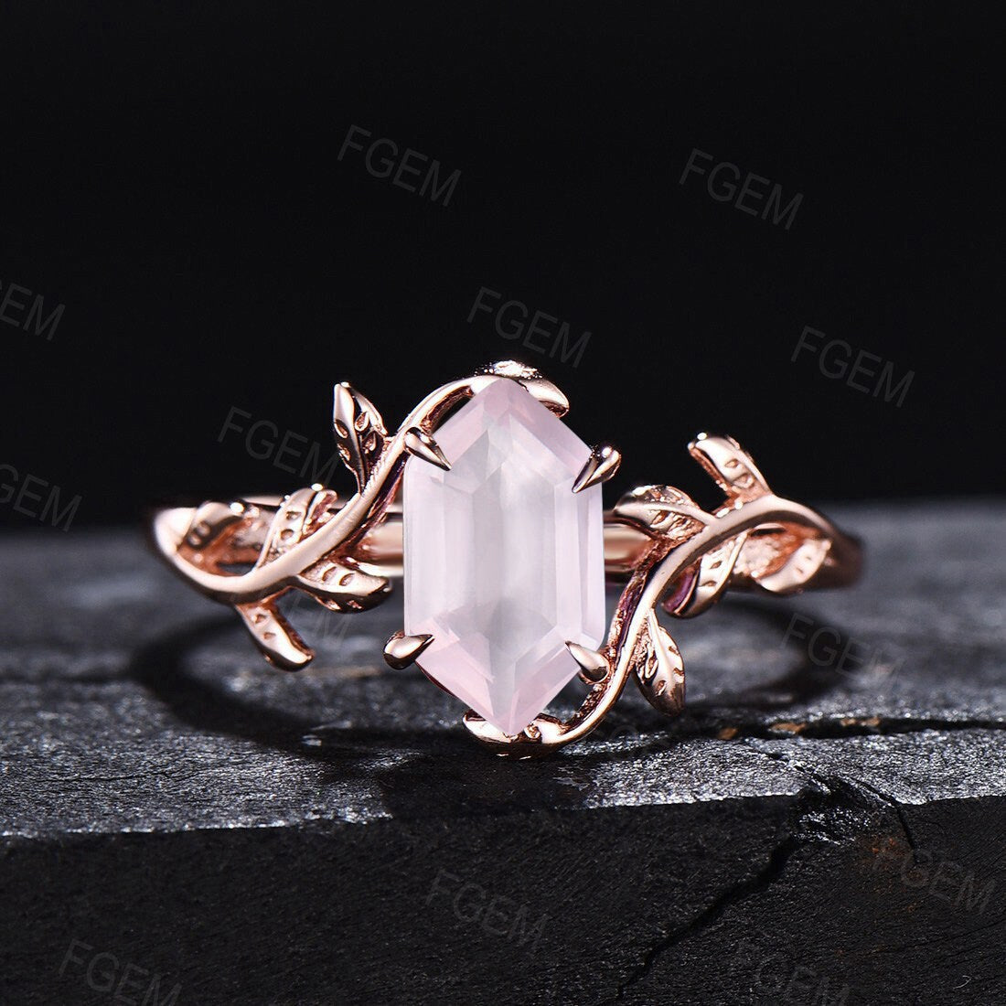 Natural Rose Quartz Ring Leaf Engagement Rings Unique Solitaire Ring Long Hexagon Wedding Ring Pink Crystal Gemstone Jewelry Gift for Couple