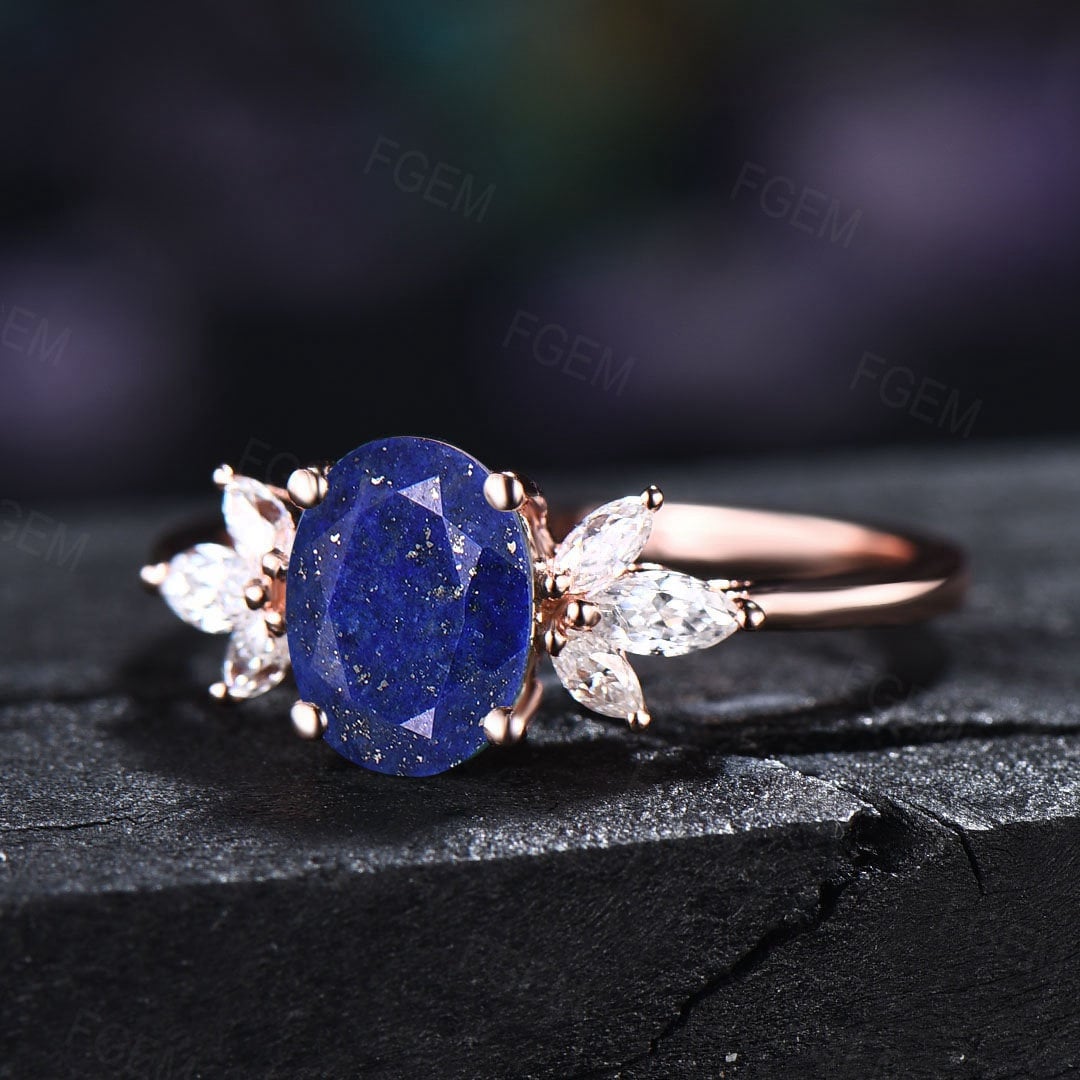 Sterling Silver Oval Cut Natural Lapis Lazuli Crystal Ring For Women Vintage Real Lazuli Jewelry Antique Blue Gemstone Ring Anniversary Gift
