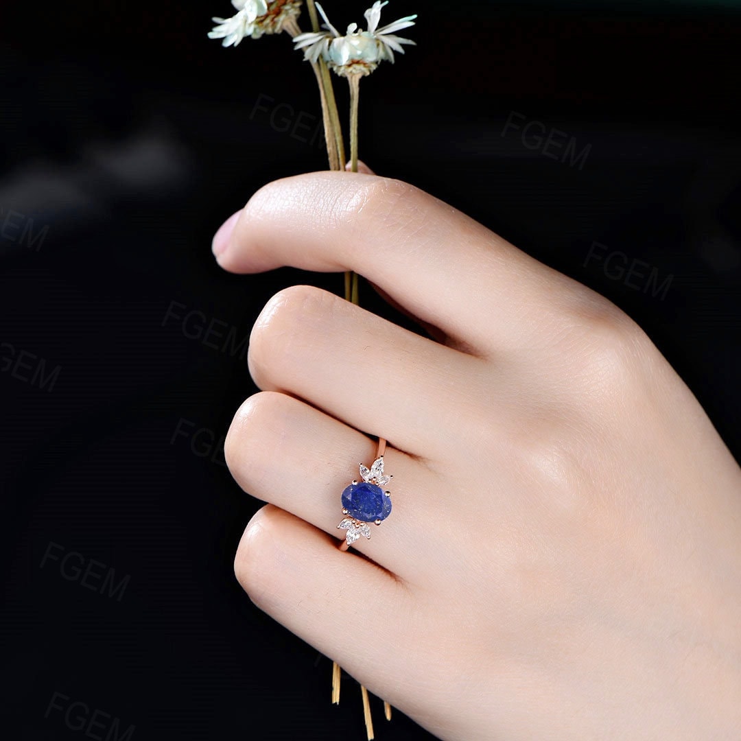 Sterling Silver Oval Cut Natural Lapis Lazuli Crystal Ring For Women Vintage Real Lazuli Jewelry Antique Blue Gemstone Ring Anniversary Gift