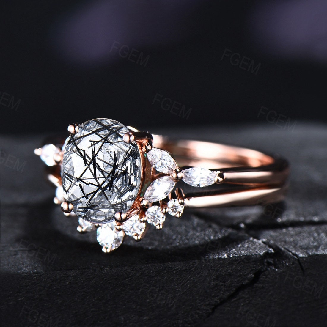 Oval Cut Natural Black Rutilated Quartz Crystal Engagement Rings Set Vintage Sterling Silver Clear Quartz Wedding Bridal Set Unique Gifts