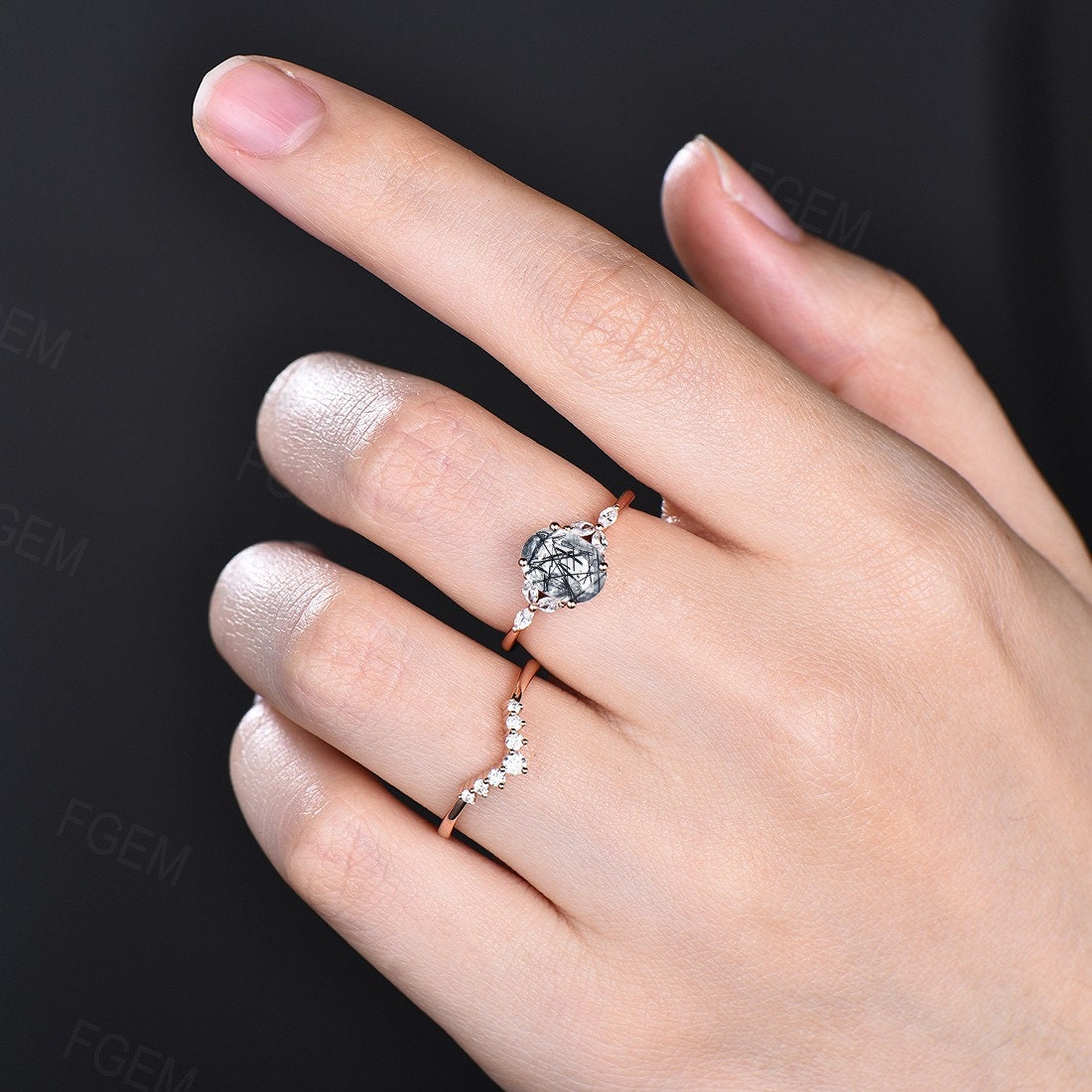 Oval Cut Natural Black Rutilated Quartz Crystal Engagement Rings Set Vintage Sterling Silver Clear Quartz Wedding Bridal Set Unique Gifts