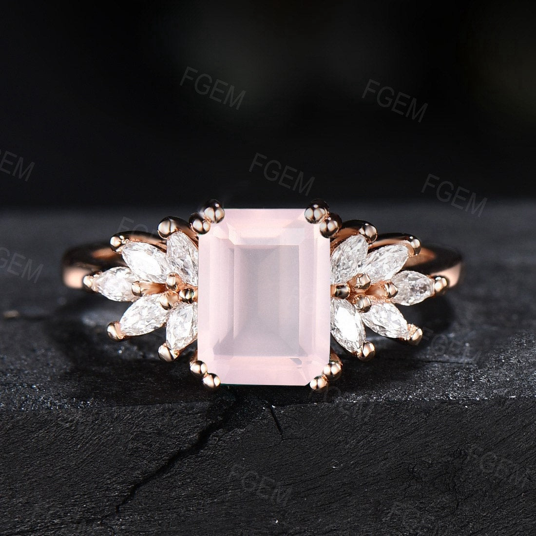 Emerald Cut Natural Rose Quartz Ring Sterling Silver Cluster Engagement Ring Pink Crystal Ring Wedding/Anniversary/Birthday Gift for Couple