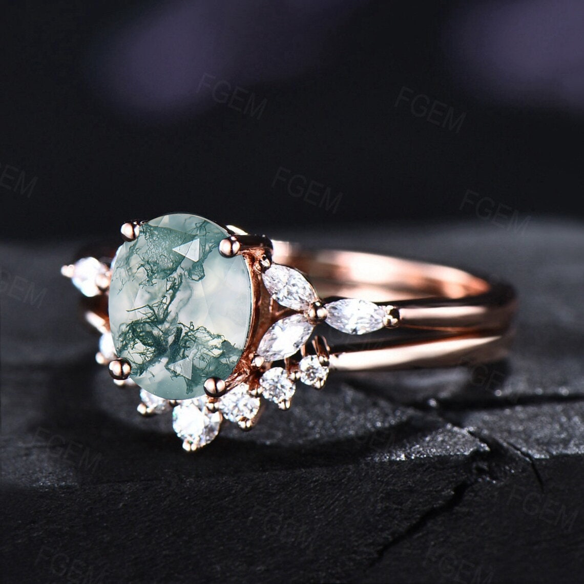 Natural India Moss Agate Ring Engagement Set Sterling Silver Green Gemstone Ring CZ Diamond Wedding Band Anniversary Birthday Gift For Her