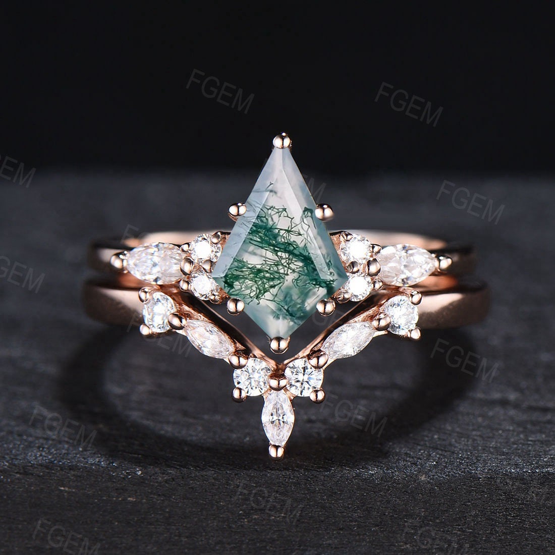Natural Moss Agate Ring Kite Cut Moss Agate Wedding Ring Set Marquise Moissanite Wedding Band Green Gems Crystal Jewelry Anniversary Gifts