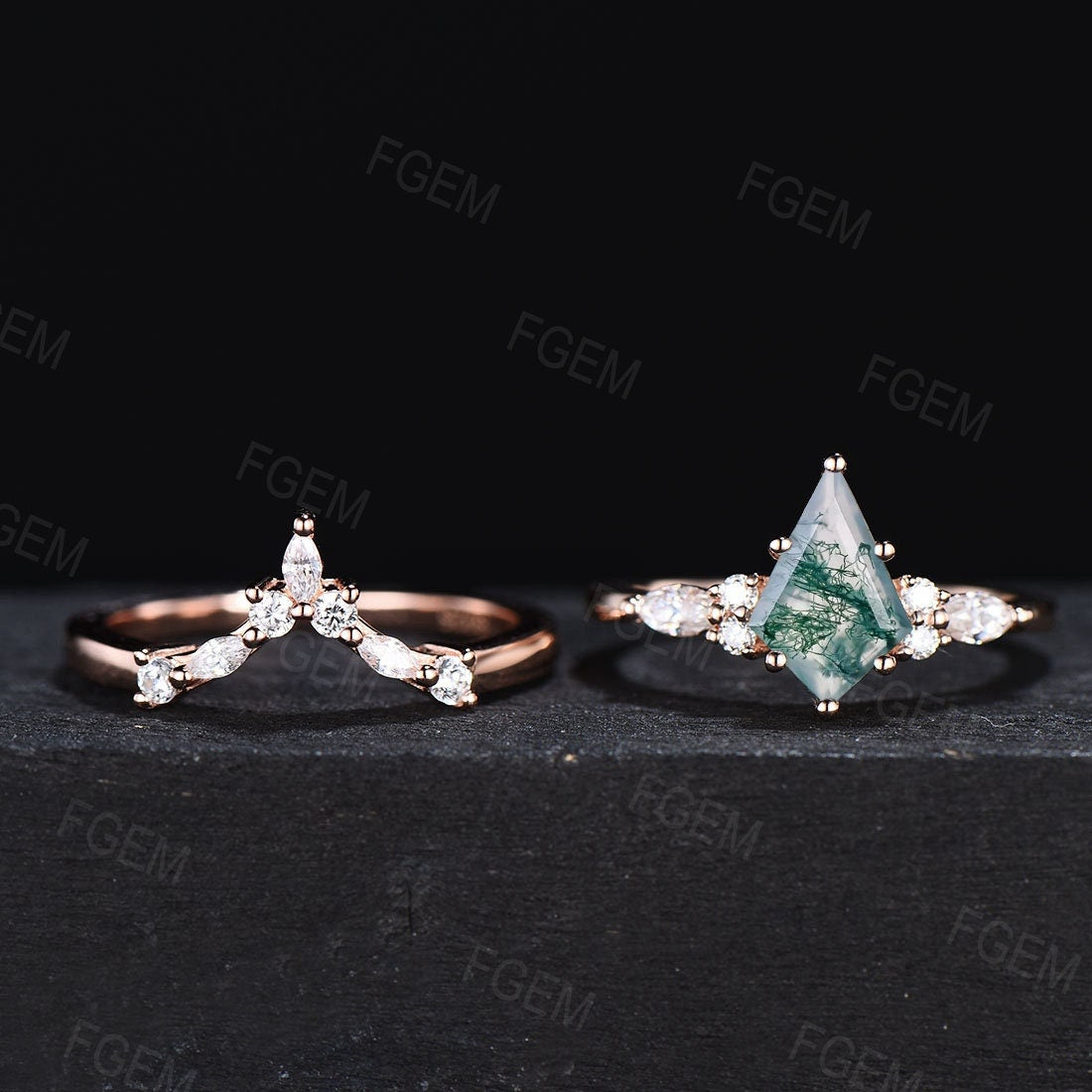 Natural Moss Agate Ring Kite Cut Moss Agate Wedding Ring Set Marquise Moissanite Wedding Band Green Gems Crystal Jewelry Anniversary Gifts