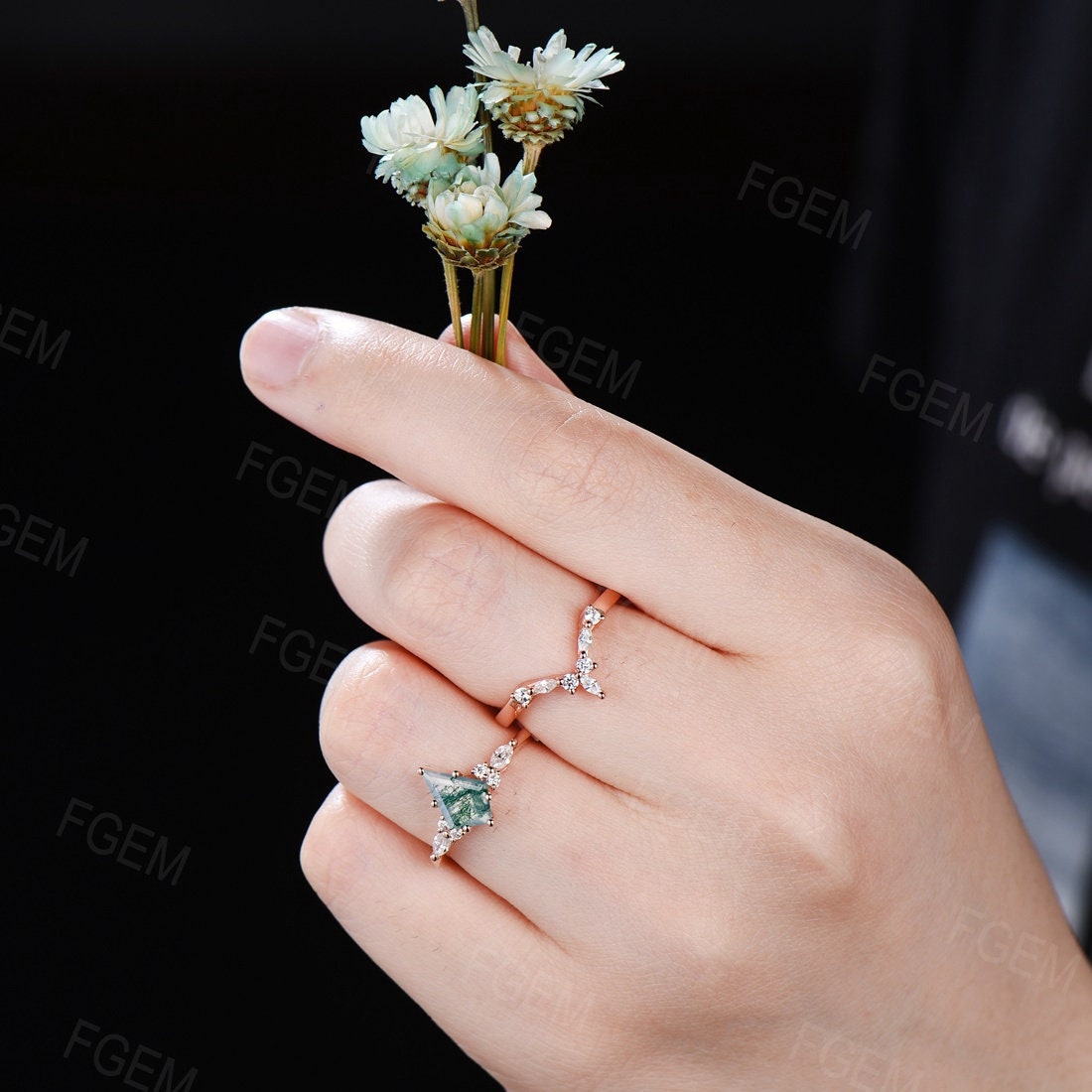 Natural Moss Agate Ring Kite Cut Moss Agate Wedding Ring Set Marquise Moissanite Wedding Band Green Gems Crystal Jewelry Anniversary Gifts