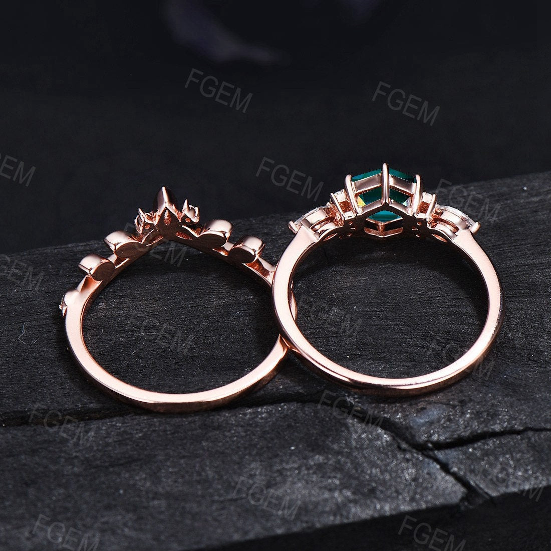 Hexagon Cut Emerald Engagement Ring Set May Birthstone Wedding Ring Celtic Knot Matching Band Emerald Jewelry Unique Anniversary Gifts Women