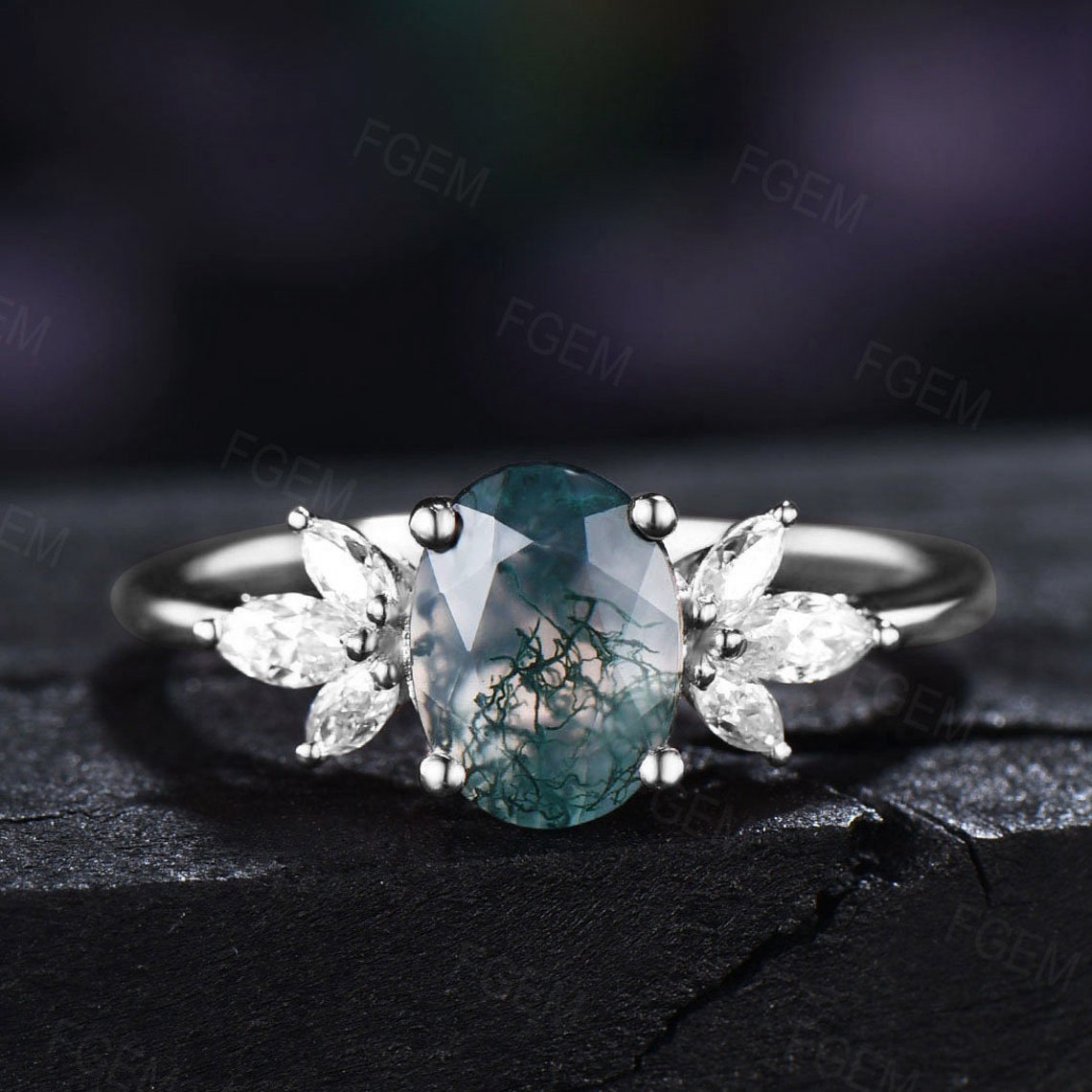 Oval Cut moss agate engagement Rings Sterling Silver Vintage Marquise Art Deco ring natural gemstone Ring Anniversary Birthday Gift For Her