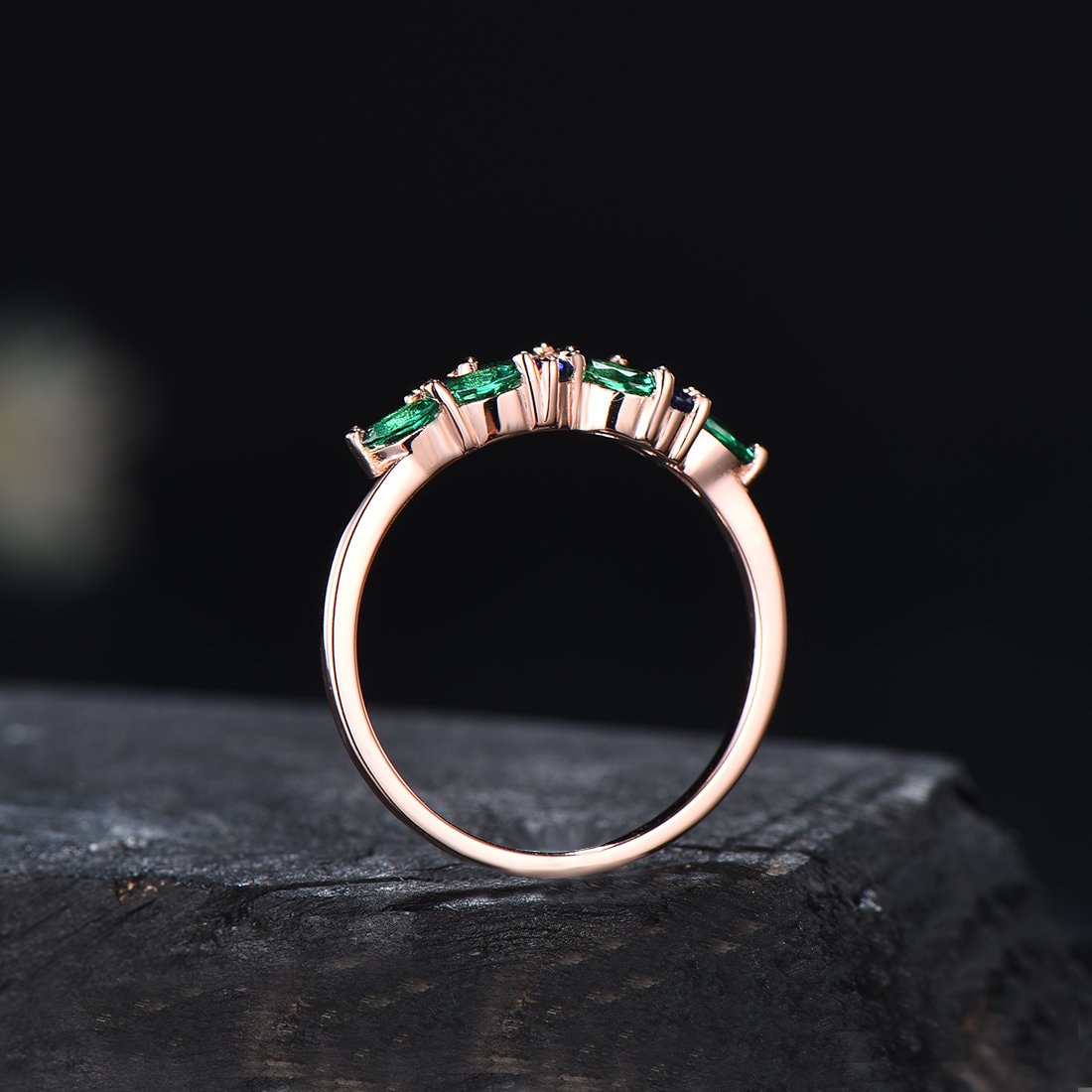 Vintage Blue Sapphire Emerald Cluster Wedding Ring Marquise Cut Green Emerald Half Eternity Ring Matching Stacking Band Minimalist Jewelry
