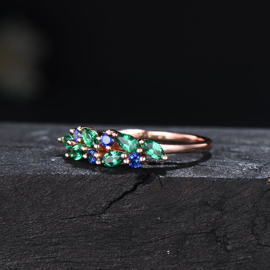 Vintage Blue Sapphire Emerald Cluster Wedding Ring Marquise Cut Green Emerald Half Eternity Ring Matching Stacking Band Minimalist Jewelry