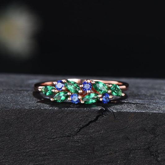 Vintage Blue Sapphire Emerald Cluster Wedding Ring Marquise Cut Green Emerald Half Eternity Ring Matching Stacking Band Minimalist Jewelry