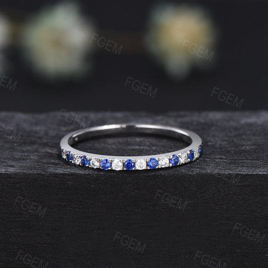 Natural Blue Sapphire Half Eternity Wedding Band Dainty Stackable Rings September Birthstone Gift Simple Minimalist Jewelry Anniversary Ring