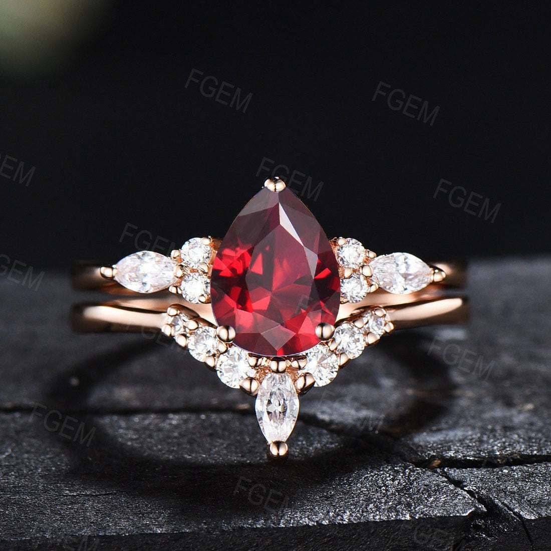 Sterling Silver Red Gemstone Jewelry 1.25ct Pear Shaped Ruby Engagement Ring Set Anniversary/Birthday Gift for Women July Birthstone Ring