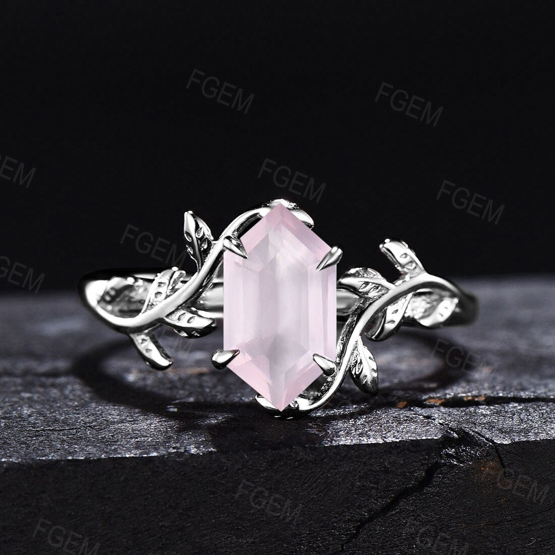Natural Rose Quartz Ring Leaf Engagement Rings Unique Solitaire Ring Long Hexagon Wedding Ring Pink Crystal Gemstone Jewelry Gift for Couple
