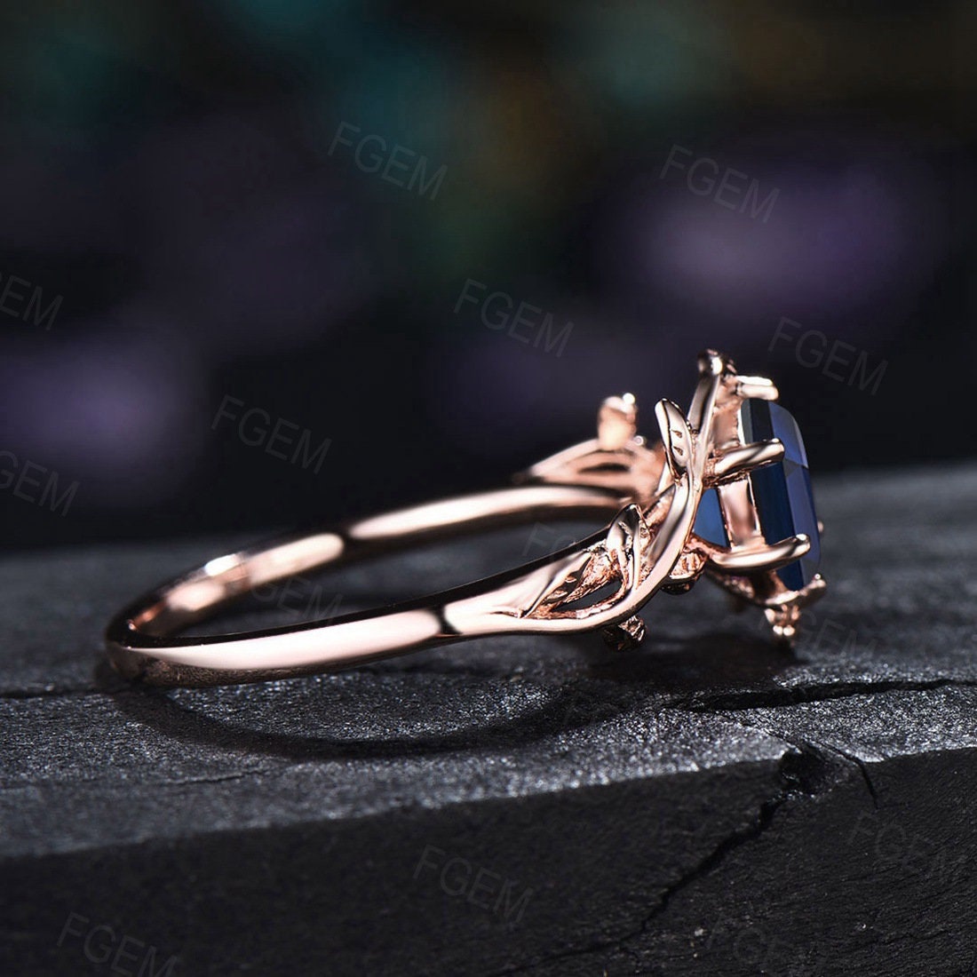 Hexagon Cut Natural London Blue Topaz Engagement Rings Sterling Silver Leaf Branch Blue Gemstone Ring for Women Nature Inspired Jewelry Gift