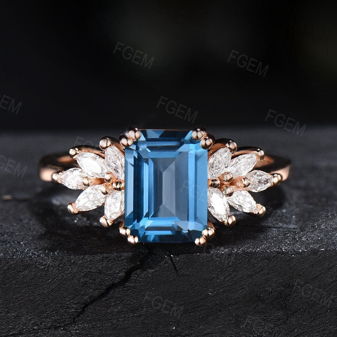 2ct Emerald Cut Natural London Blue Topaz Marquise Cluster Engagement Rings Vintage Sterling Silver Natural Topaz Ring Birthday Wedding Gift