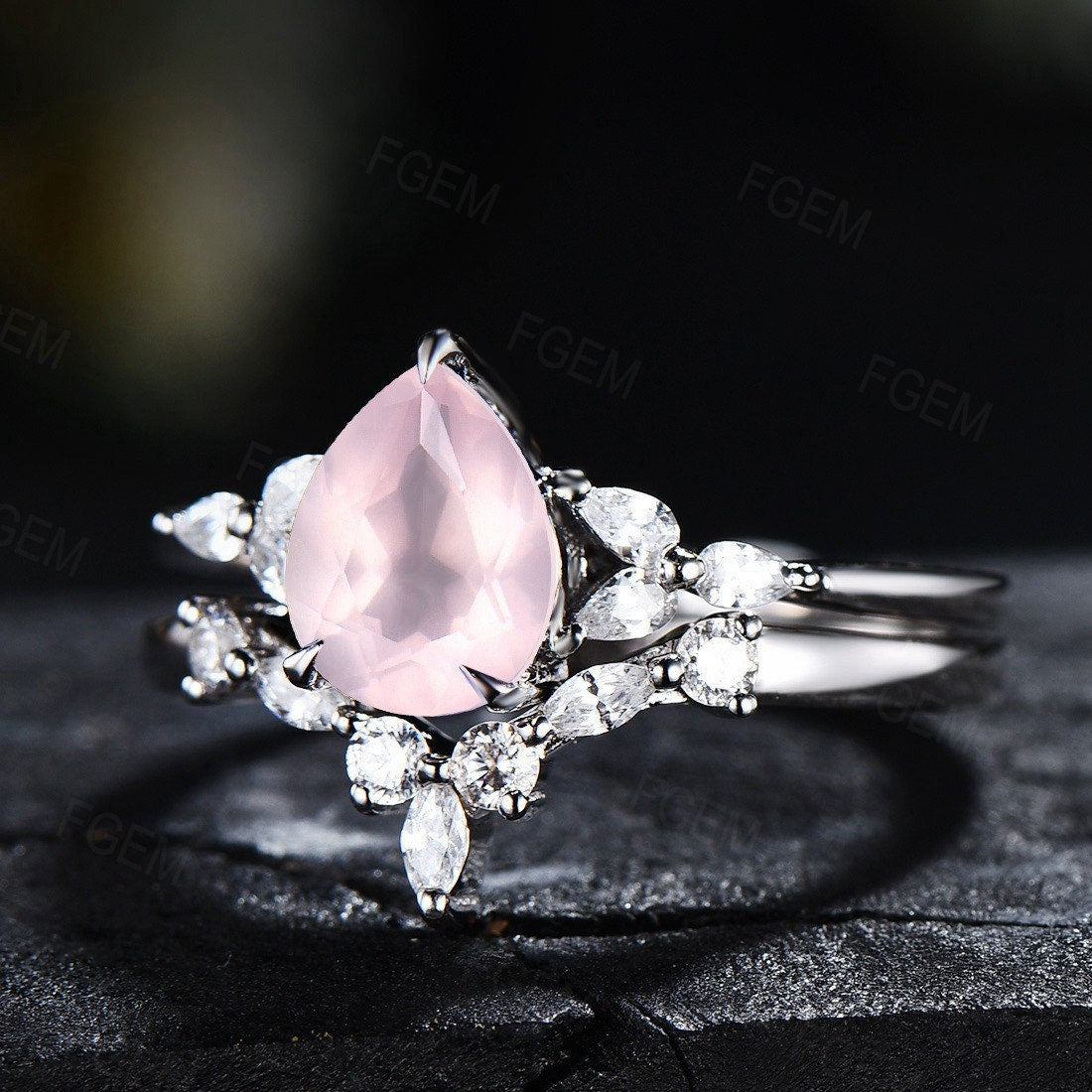 1.25ct Pear Shaped Natural Rose Quartz Engagement Ring Set Sterling Silver Pink Crystal Ring Pink Quartz Bridal Set Romantic Gift for Couple