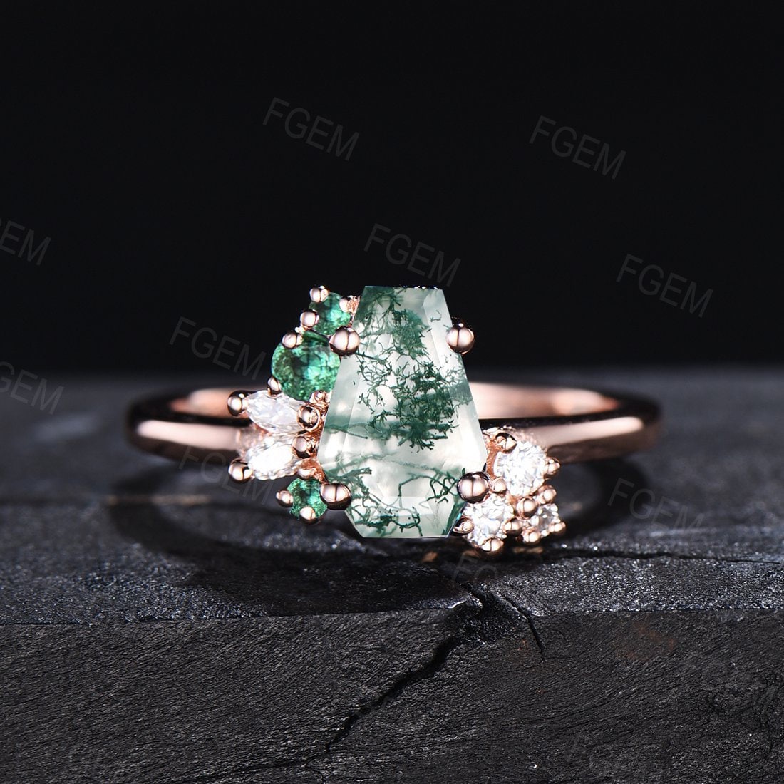 Coffin Ring Rose Gold Natural Moss Agate Engagement Ring Emerald Moissanite Ring Unique Hexagon Cluster Engagement Ring Wedding Promise Gift