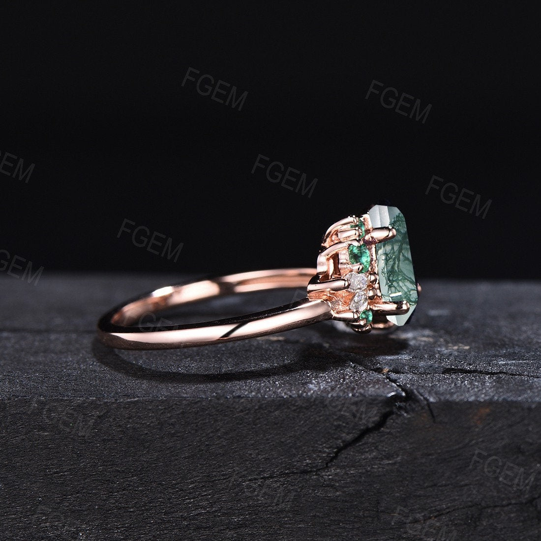 Coffin Ring Rose Gold Natural Moss Agate Engagement Ring Emerald Moissanite Ring Unique Hexagon Cluster Engagement Ring Wedding Promise Gift